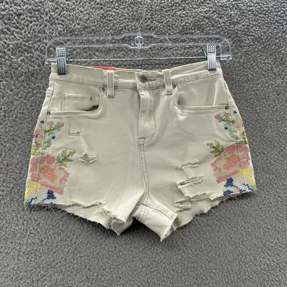 BlankNyc Shorts Girls Size 14 Beige Denim Floral Embroidered Distressed‎ Shorts
